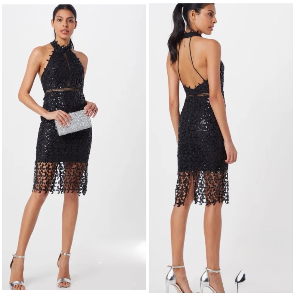 NWT $149 BARDOT Women XS Black Lace sequence Halter Dress cocktail wedding party